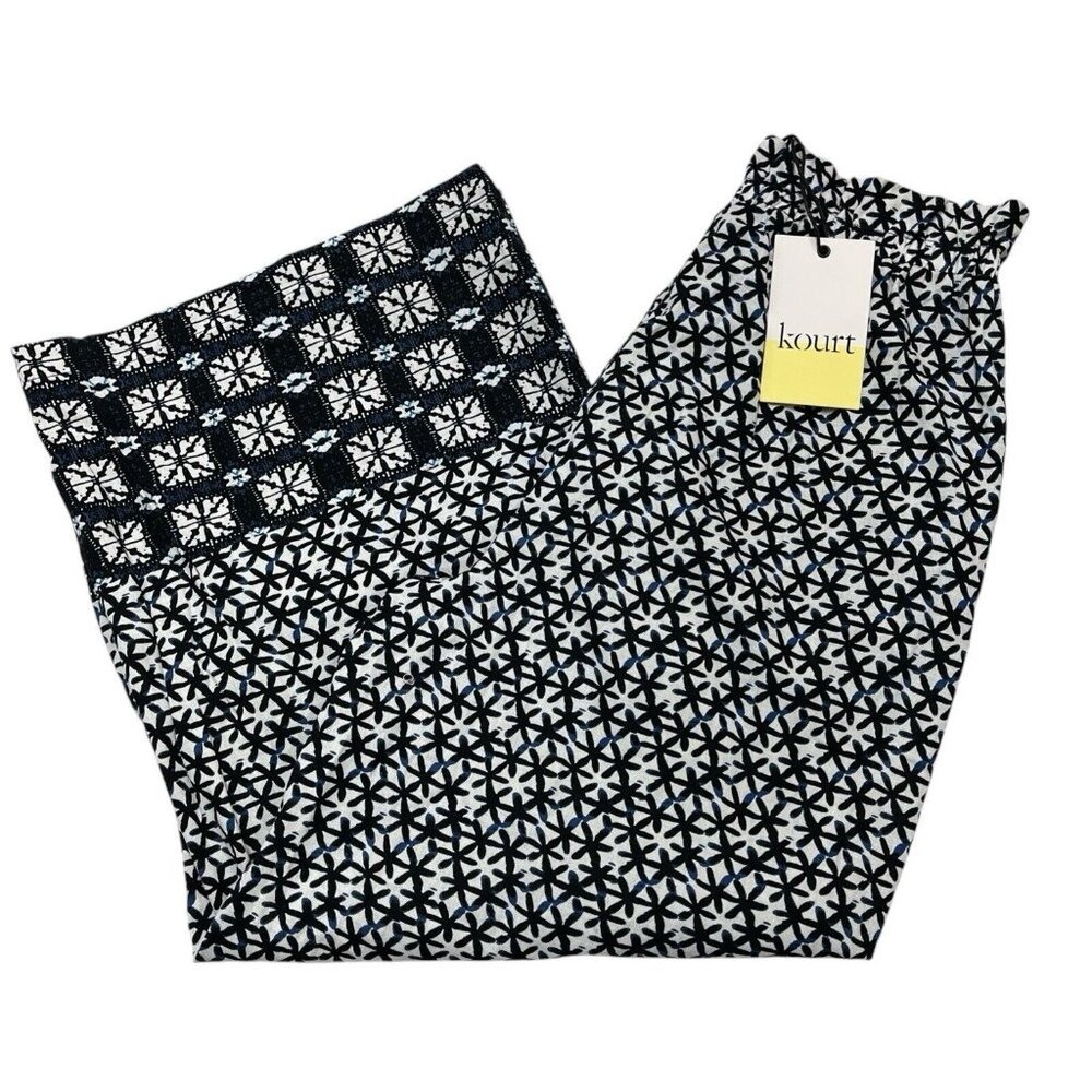 Kourt Pants Blue Geometric Wide Leg Cropped Pull On Size XS Resort Vacation